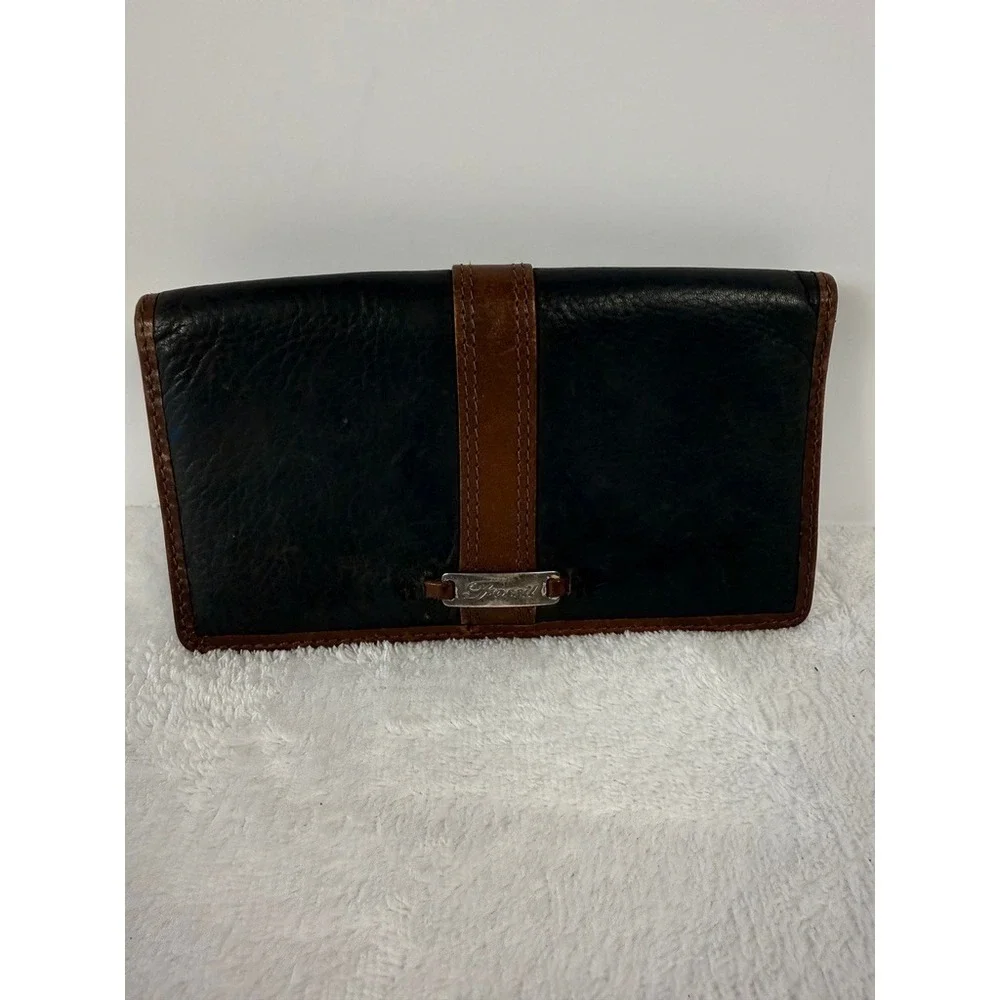 Fossil Vintage Leather Checkbook Wallet Organizer Brown Black Bifold